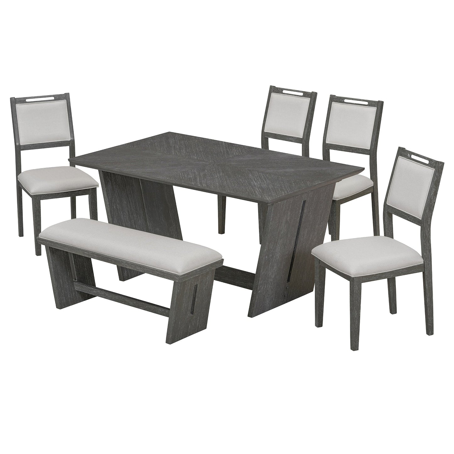 TREXM 6 - Piece Retro Dining Table Set for 6, 60' Wood Kitchen Table and Chairs Set of 4 with Bench Designed Trestle Base for kitchen & Dining Room (Gray) - 1st Choice Furniture Direct