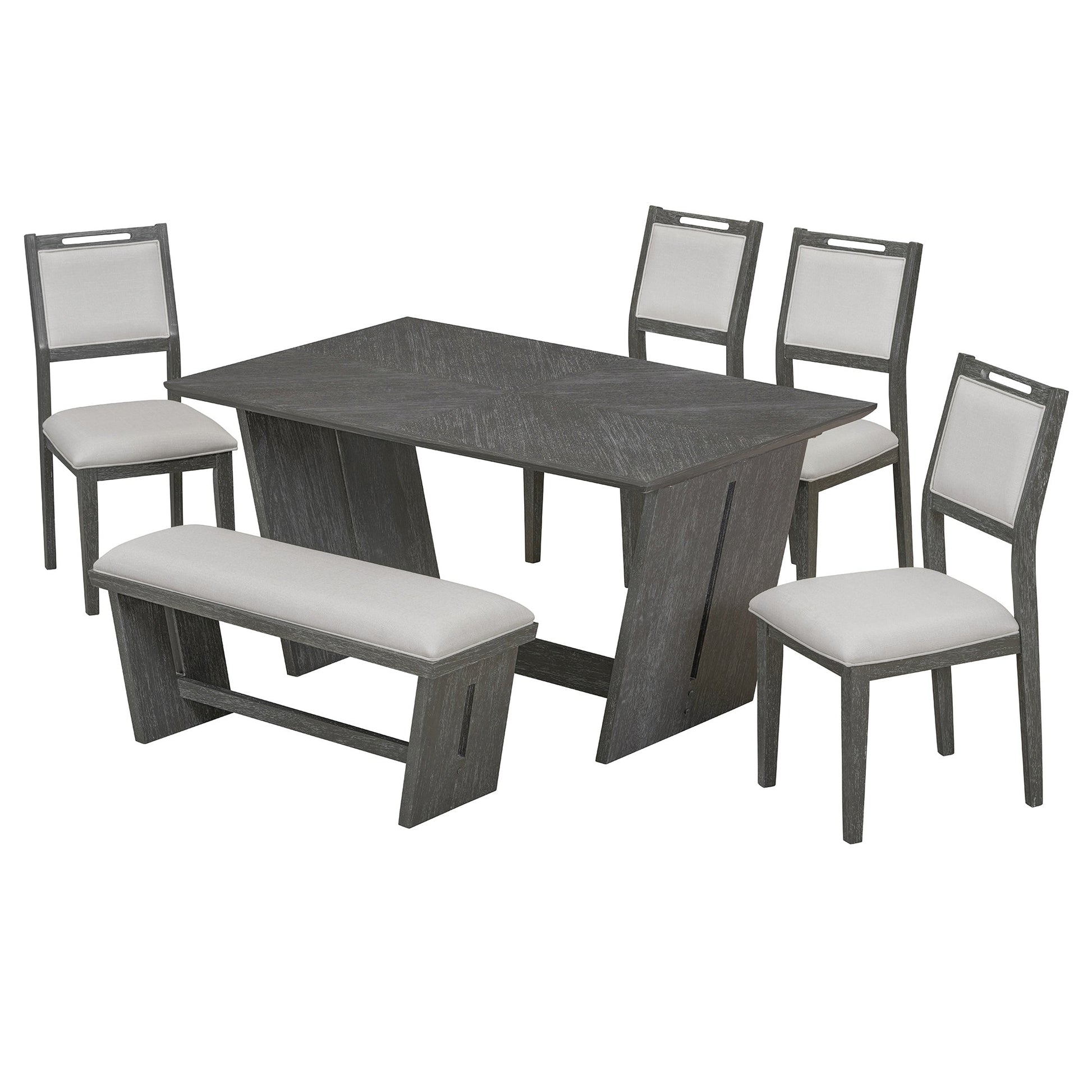 TREXM 6 - Piece Retro Dining Table Set for 6, 60' Wood Kitchen Table and Chairs Set of 4 with Bench Designed Trestle Base for kitchen & Dining Room (Gray) - 1st Choice Furniture Direct