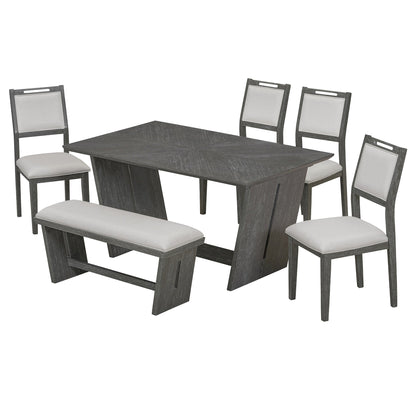 TREXM 6 - Piece Retro Dining Table Set for 6, 60' Wood Kitchen Table and Chairs Set of 4 with Bench Designed Trestle Base for kitchen & Dining Room (Gray) - 1st Choice Furniture Direct