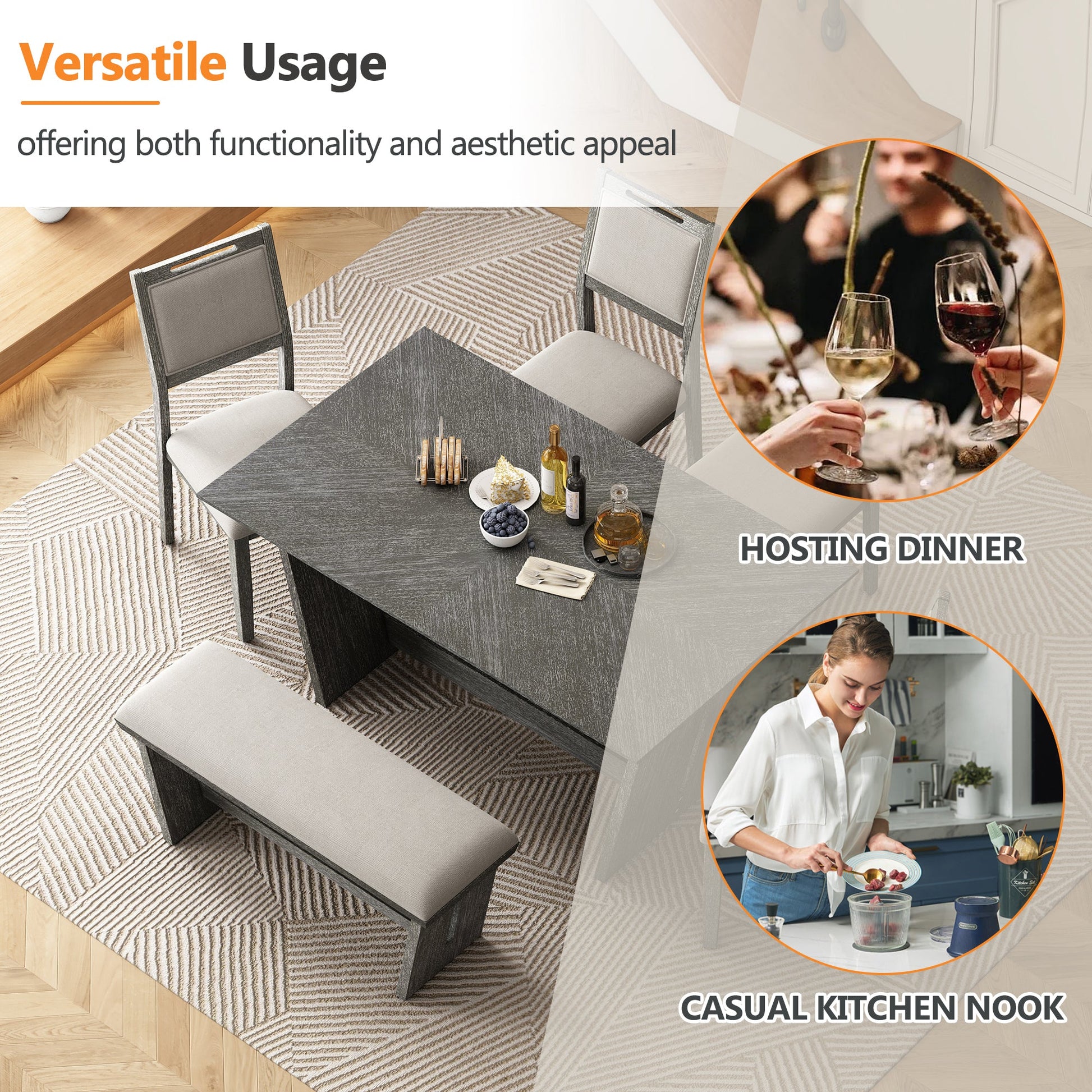 TREXM 6 - Piece Retro Dining Table Set for 6, 60' Wood Kitchen Table and Chairs Set of 4 with Bench Designed Trestle Base for kitchen & Dining Room (Gray) - 1st Choice Furniture Direct