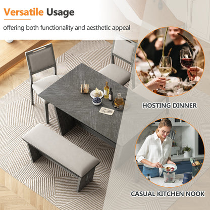 TREXM 6 - Piece Retro Dining Table Set for 6, 60' Wood Kitchen Table and Chairs Set of 4 with Bench Designed Trestle Base for kitchen & Dining Room (Gray) - 1st Choice Furniture Direct