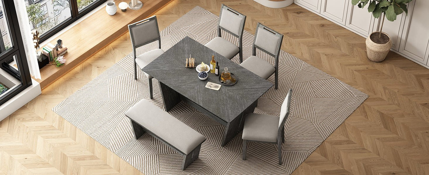TREXM 6 - Piece Retro Dining Table Set for 6, 60' Wood Kitchen Table and Chairs Set of 4 with Bench Designed Trestle Base for kitchen & Dining Room (Gray) - 1st Choice Furniture Direct