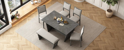 TREXM 6 - Piece Retro Dining Table Set for 6, 60' Wood Kitchen Table and Chairs Set of 4 with Bench Designed Trestle Base for kitchen & Dining Room (Gray) - 1st Choice Furniture Direct