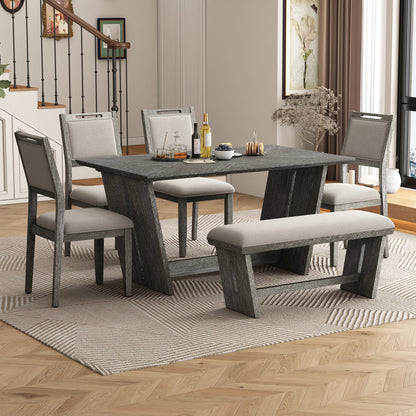 TREXM 6 - Piece Retro Dining Table Set for 6, 60' Wood Kitchen Table and Chairs Set of 4 with Bench Designed Trestle Base for kitchen & Dining Room (Gray) - 1st Choice Furniture Direct
