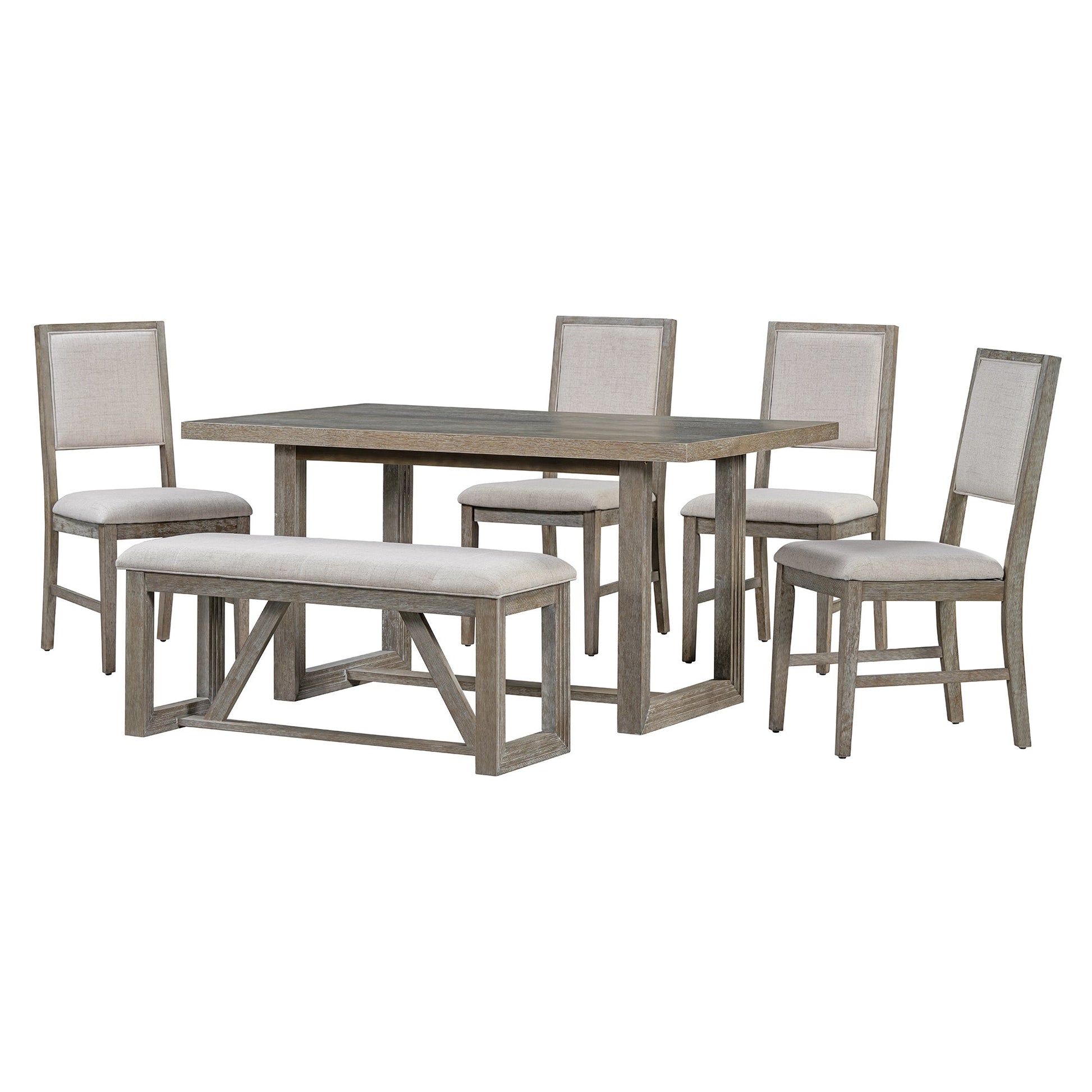 TREXM 6 - Piece Retro Dining Table Set for 6, 60' Wood Kitchen Table and Chairs Set of 4 with Bench Designed Trestle Base for kitchen & Dining Room (Gray) - 1st Choice Furniture Direct