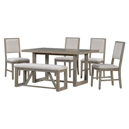 TREXM 6 - Piece Retro Dining Table Set for 6, 60' Wood Kitchen Table and Chairs Set of 4 with Bench Designed Trestle Base for kitchen & Dining Room (Gray) - 1st Choice Furniture Direct