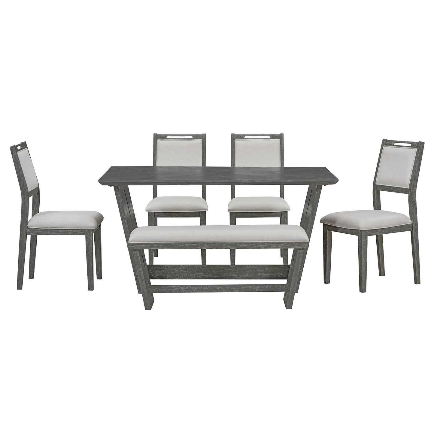 TREXM 6 - Piece Retro Dining Table Set for 6, 60' Wood Kitchen Table and Chairs Set of 4 with Bench Designed Trestle Base for kitchen & Dining Room (Gray) - 1st Choice Furniture Direct