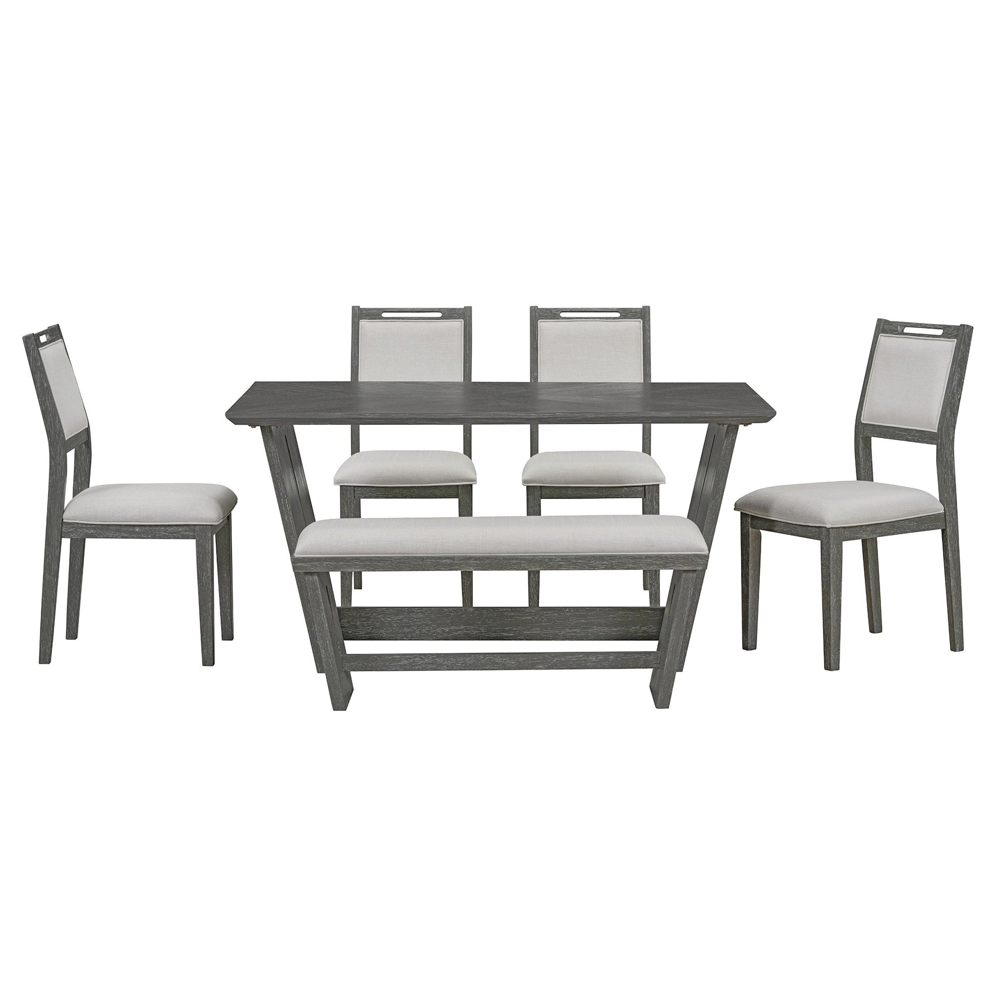 TREXM 6 - Piece Retro Dining Table Set for 6, 60' Wood Kitchen Table and Chairs Set of 4 with Bench Designed Trestle Base for kitchen & Dining Room (Gray) - 1st Choice Furniture Direct