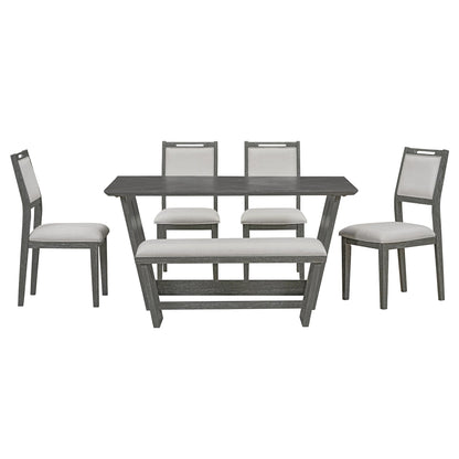 TREXM 6 - Piece Retro Dining Table Set for 6, 60' Wood Kitchen Table and Chairs Set of 4 with Bench Designed Trestle Base for kitchen & Dining Room (Gray) - 1st Choice Furniture Direct