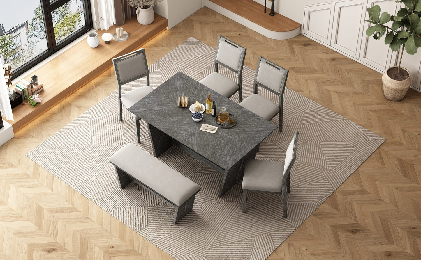 TREXM 6 - Piece Retro Dining Table Set for 6, 60' Wood Kitchen Table and Chairs Set of 4 with Bench Designed Trestle Base for kitchen & Dining Room (Gray) - 1st Choice Furniture Direct