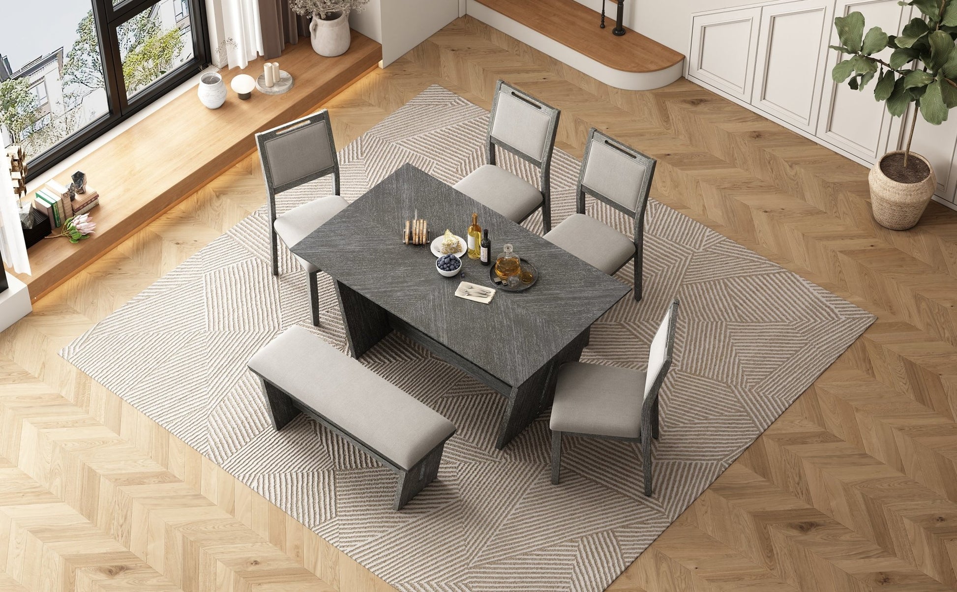 TREXM 6 - Piece Retro Dining Table Set for 6, 60' Wood Kitchen Table and Chairs Set of 4 with Bench Designed Trestle Base for kitchen & Dining Room (Gray) - 1st Choice Furniture Direct