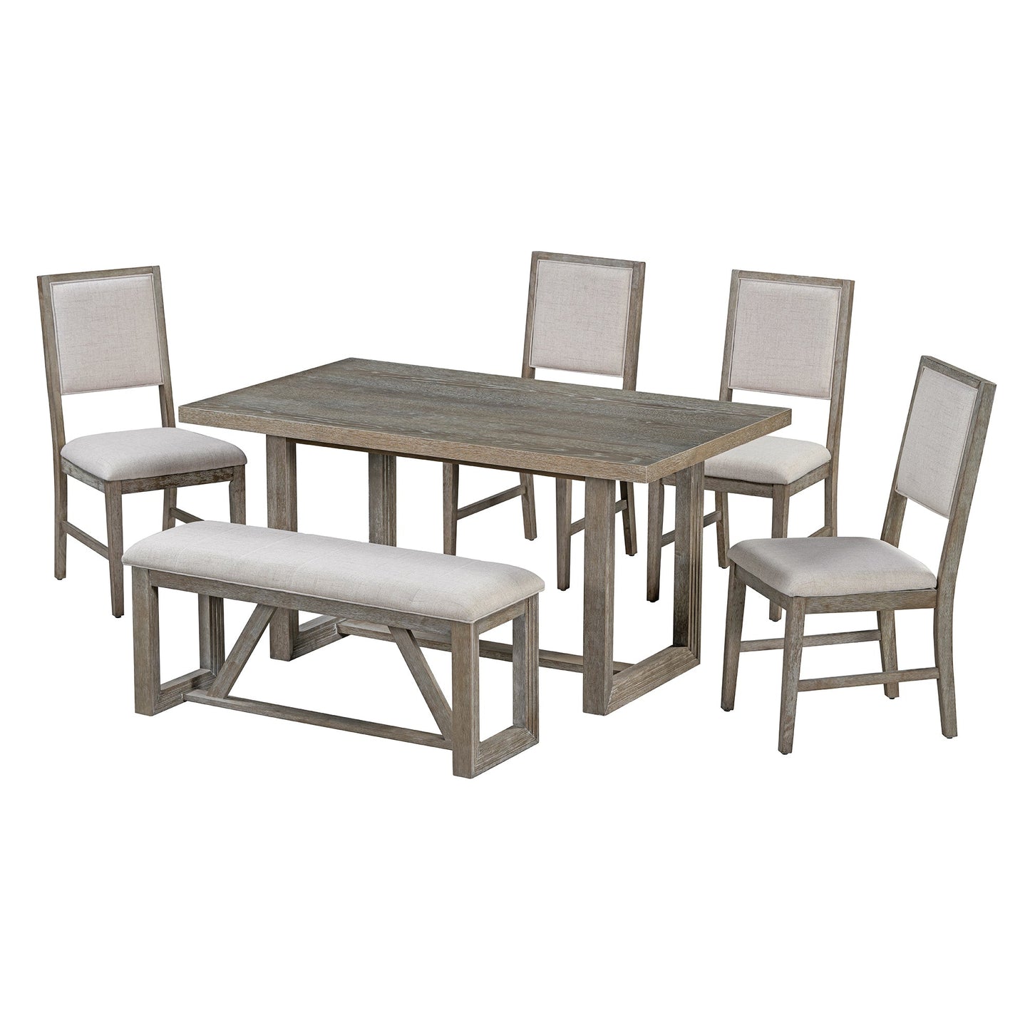 TREXM 6 - Piece Retro Dining Table Set for 6, 60' Wood Kitchen Table and Chairs Set of 4 with Bench Designed Trestle Base for kitchen & Dining Room (Gray) - 1st Choice Furniture Direct