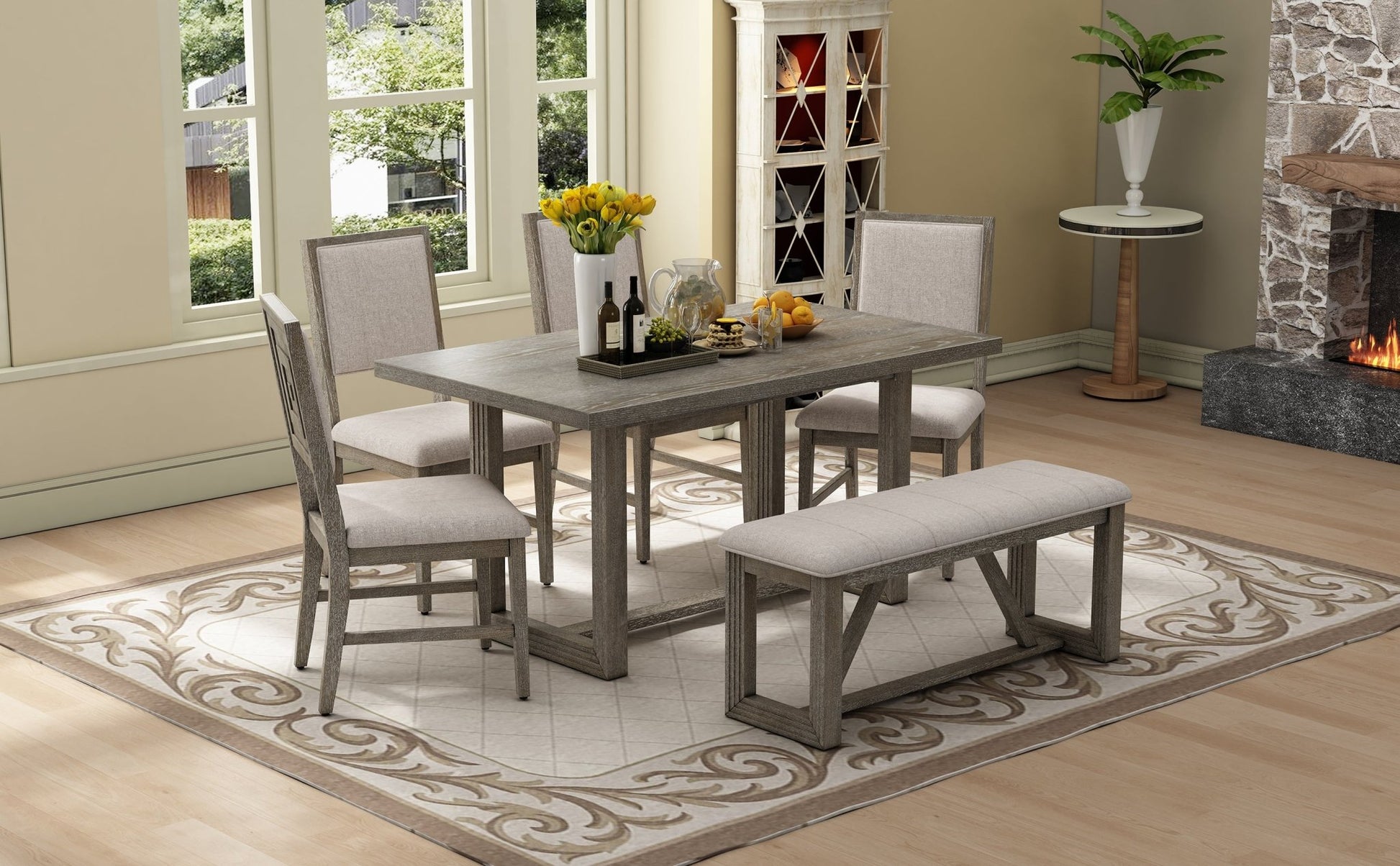 TREXM 6 - Piece Retro Dining Table Set for 6, 60' Wood Kitchen Table and Chairs Set of 4 with Bench Designed Trestle Base for kitchen & Dining Room (Gray) - 1st Choice Furniture Direct