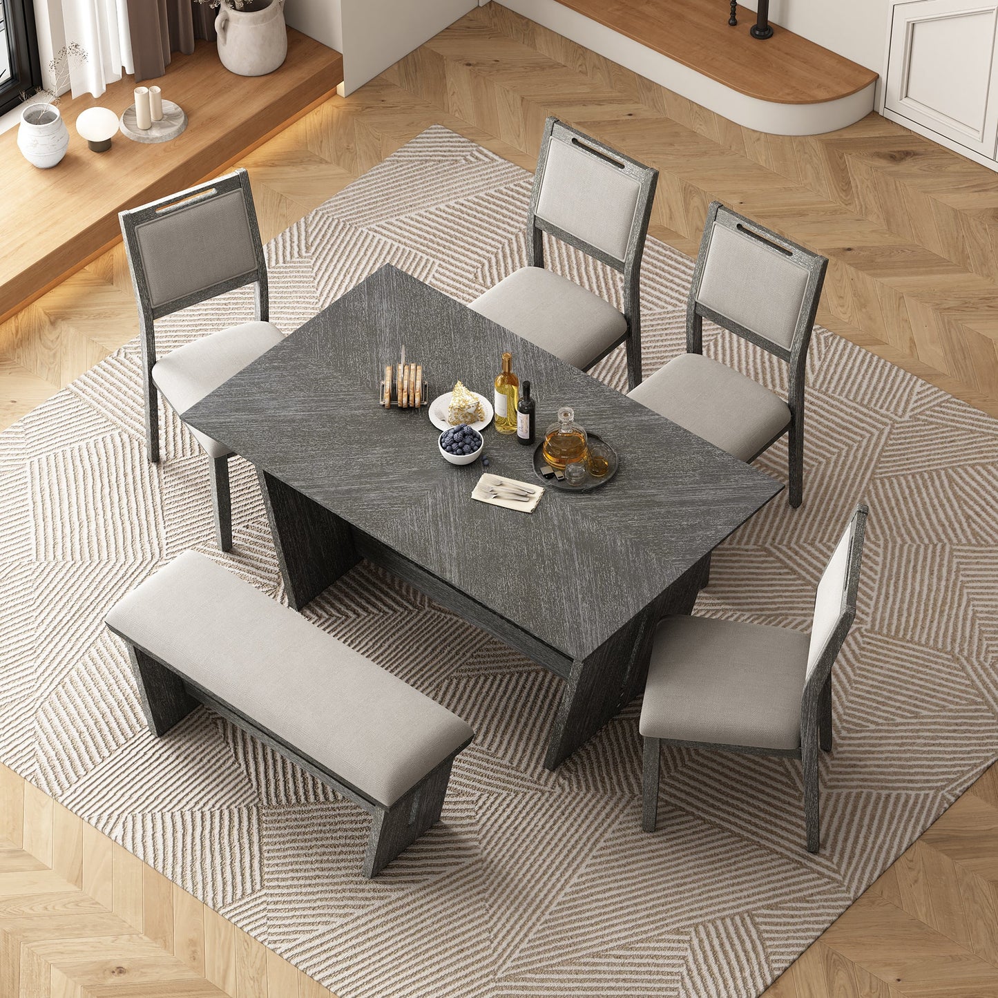 TREXM 6 - Piece Retro Dining Table Set for 6, 60' Wood Kitchen Table and Chairs Set of 4 with Bench Designed Trestle Base for kitchen & Dining Room (Gray) - 1st Choice Furniture Direct