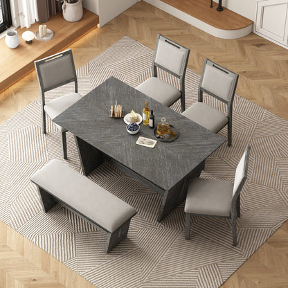 TREXM 6 - Piece Retro Dining Table Set for 6, 60' Wood Kitchen Table and Chairs Set of 4 with Bench Designed Trestle Base for kitchen & Dining Room (Gray) - 1st Choice Furniture Direct