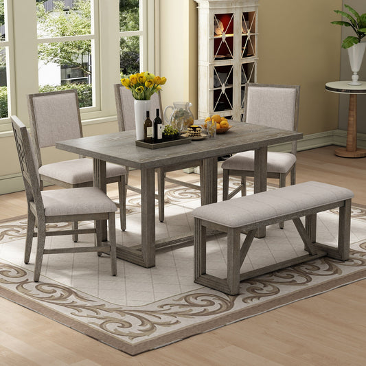 TREXM 6 - Piece Retro Dining Table Set for 6, 60' Wood Kitchen Table and Chairs Set of 4 with Bench Designed Trestle Base for kitchen & Dining Room (Gray) - 1st Choice Furniture Direct