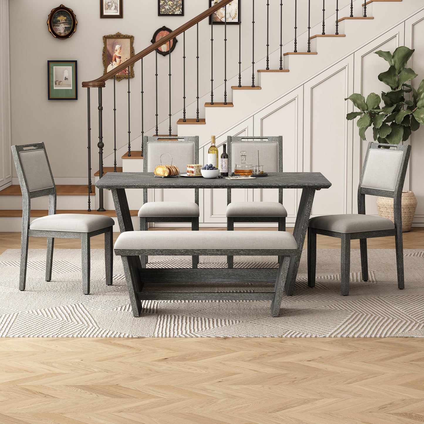 TREXM 6 - Piece Retro Dining Table Set for 6, 60' Wood Kitchen Table and Chairs Set of 4 with Bench Designed Trestle Base for kitchen & Dining Room (Gray) - 1st Choice Furniture Direct