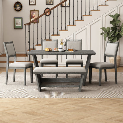 TREXM 6 - Piece Retro Dining Table Set for 6, 60' Wood Kitchen Table and Chairs Set of 4 with Bench Designed Trestle Base for kitchen & Dining Room (Gray) - 1st Choice Furniture Direct