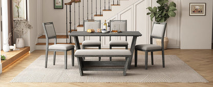 TREXM 6 - Piece Retro Dining Table Set for 6, 60' Wood Kitchen Table and Chairs Set of 4 with Bench Designed Trestle Base for kitchen & Dining Room (Gray) - 1st Choice Furniture Direct
