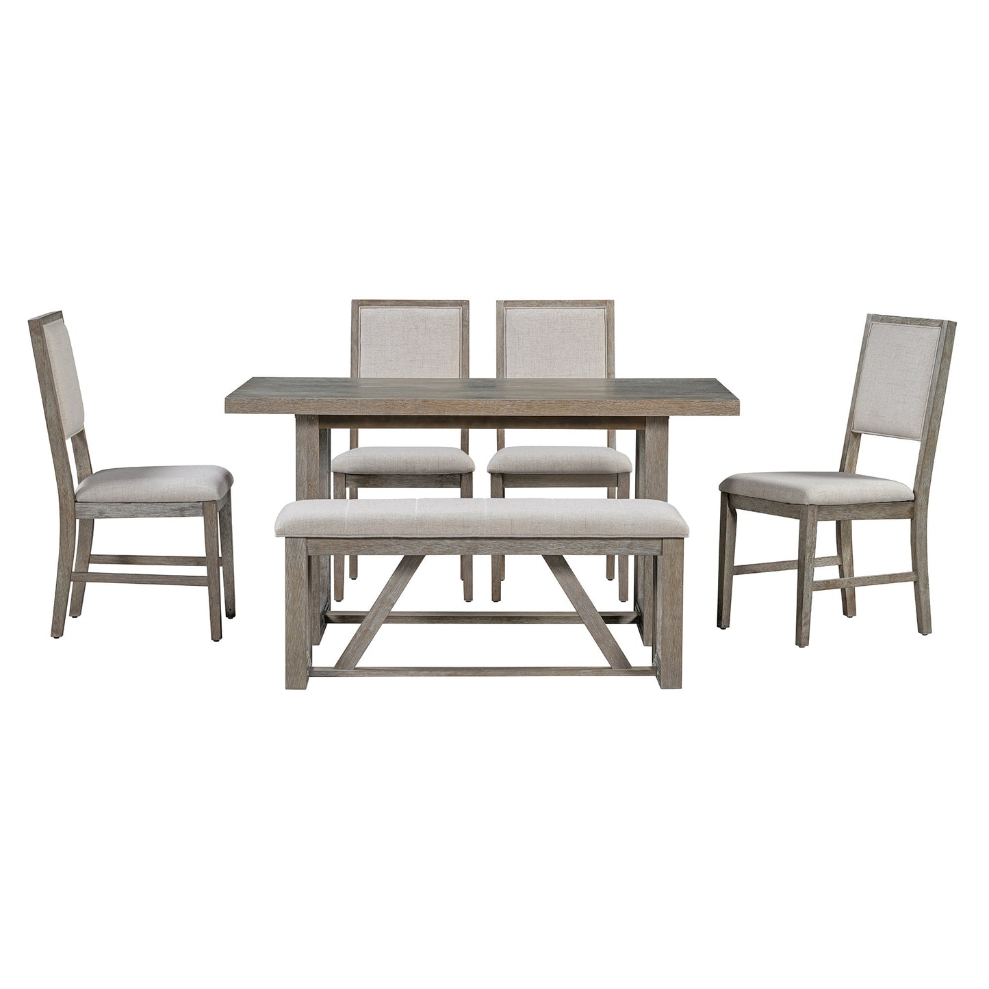 TREXM 6 - Piece Retro Dining Table Set for 6, 60' Wood Kitchen Table and Chairs Set of 4 with Bench Designed Trestle Base for kitchen & Dining Room (Gray) - 1st Choice Furniture Direct
