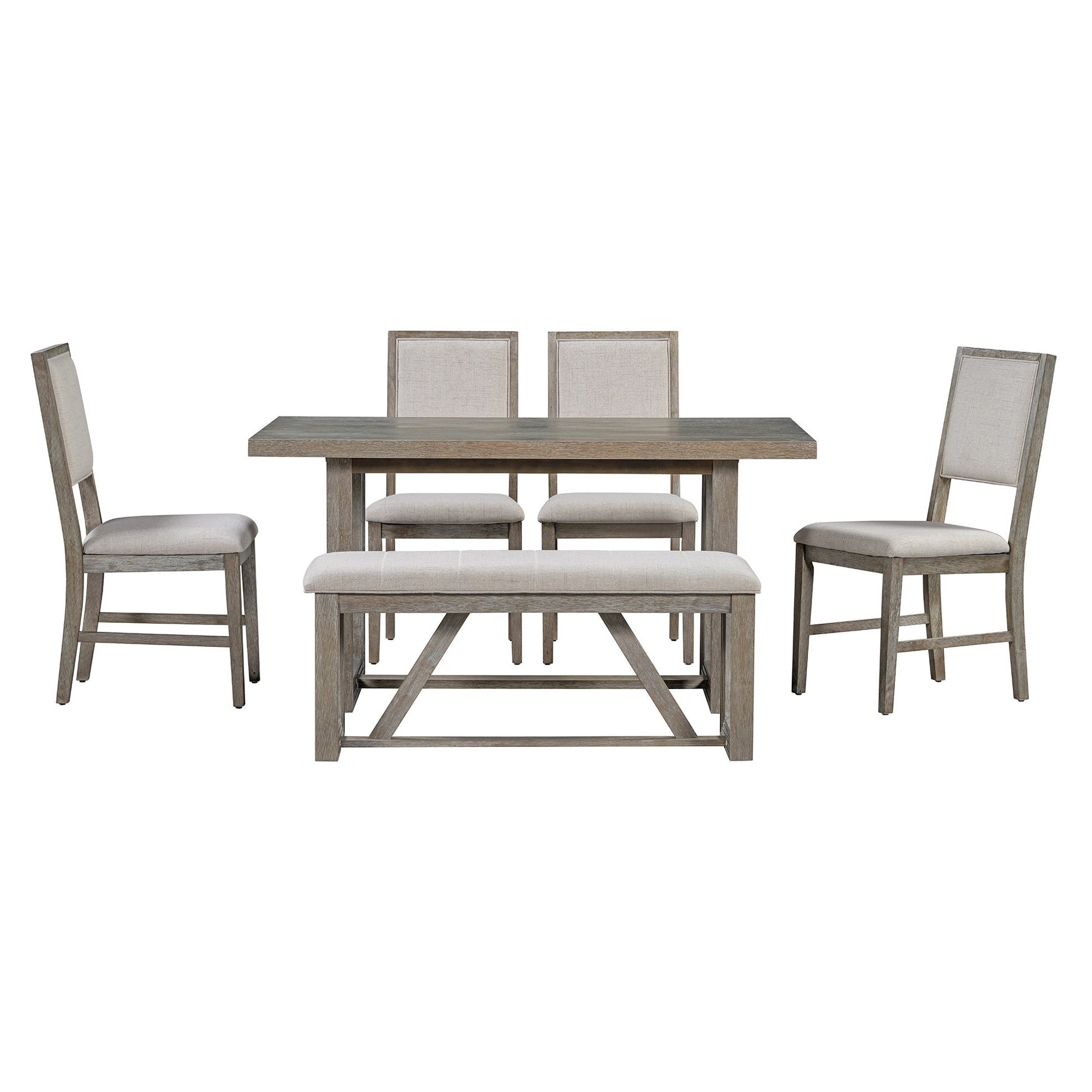 TREXM 6 - Piece Retro Dining Table Set for 6, 60' Wood Kitchen Table and Chairs Set of 4 with Bench Designed Trestle Base for kitchen & Dining Room (Gray) - 1st Choice Furniture Direct