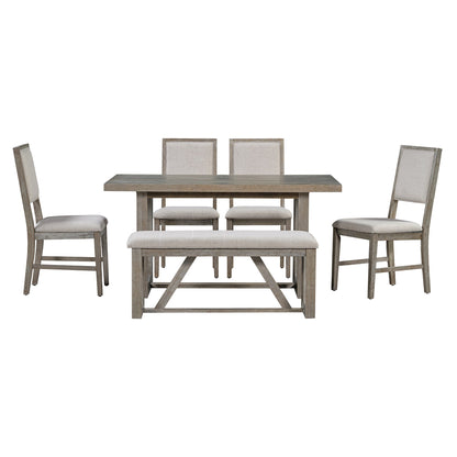 TREXM 6 - Piece Retro Dining Table Set for 6, 60' Wood Kitchen Table and Chairs Set of 4 with Bench Designed Trestle Base for kitchen & Dining Room (Gray) - 1st Choice Furniture Direct