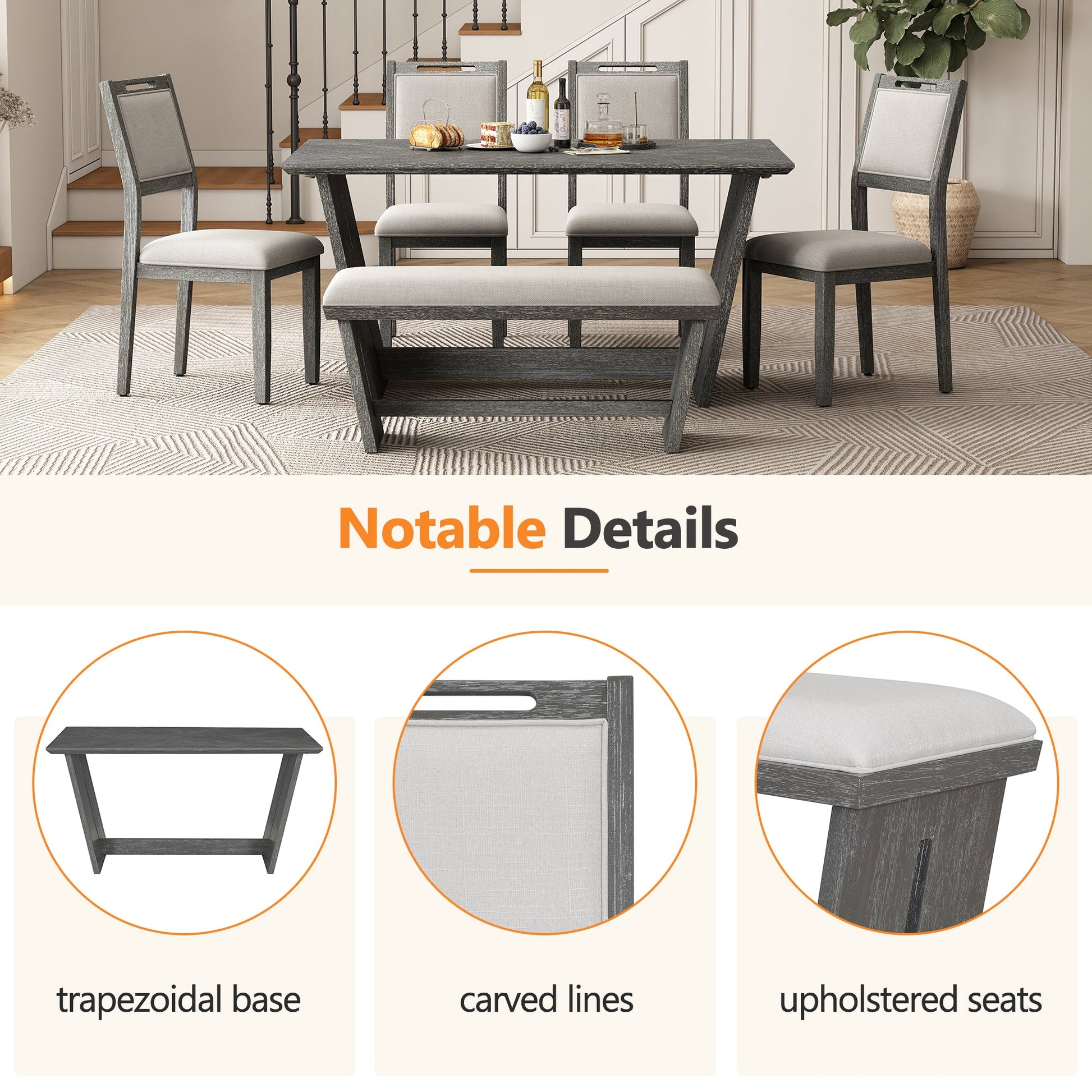 TREXM 6 - Piece Retro Dining Table Set for 6, 60' Wood Kitchen Table and Chairs Set of 4 with Bench Designed Trestle Base for kitchen & Dining Room (Gray) - 1st Choice Furniture Direct