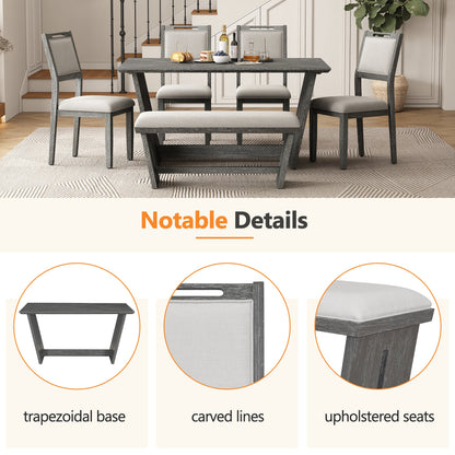 TREXM 6 - Piece Retro Dining Table Set for 6, 60' Wood Kitchen Table and Chairs Set of 4 with Bench Designed Trestle Base for kitchen & Dining Room (Gray) - 1st Choice Furniture Direct