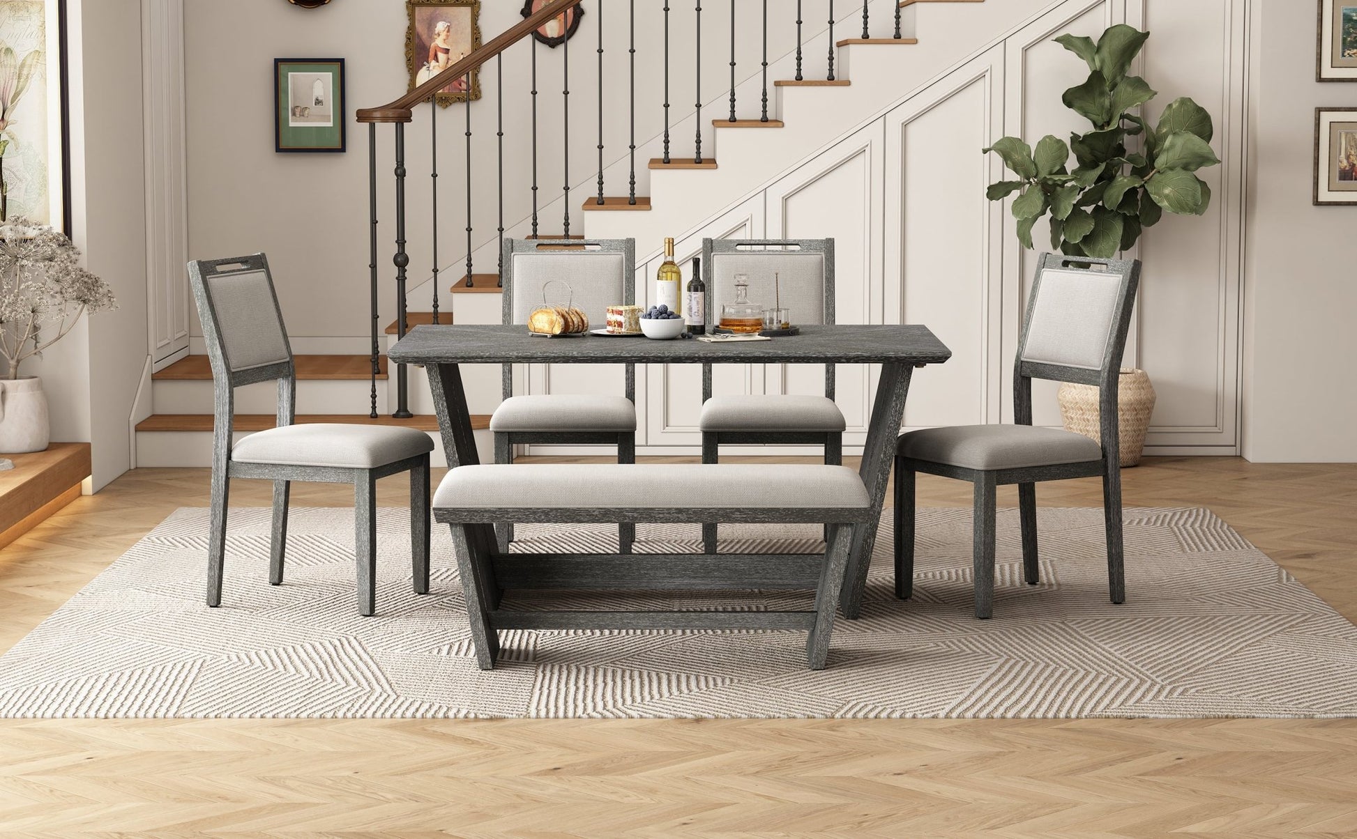 TREXM 6 - Piece Retro Dining Table Set for 6, 60' Wood Kitchen Table and Chairs Set of 4 with Bench Designed Trestle Base for kitchen & Dining Room (Gray) - 1st Choice Furniture Direct