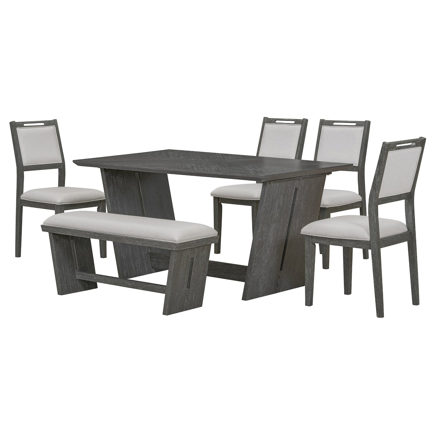 TREXM 6 - Piece Retro Dining Table Set for 6, 60' Wood Kitchen Table and Chairs Set of 4 with Bench Designed Trestle Base for kitchen & Dining Room (Gray) - 1st Choice Furniture Direct