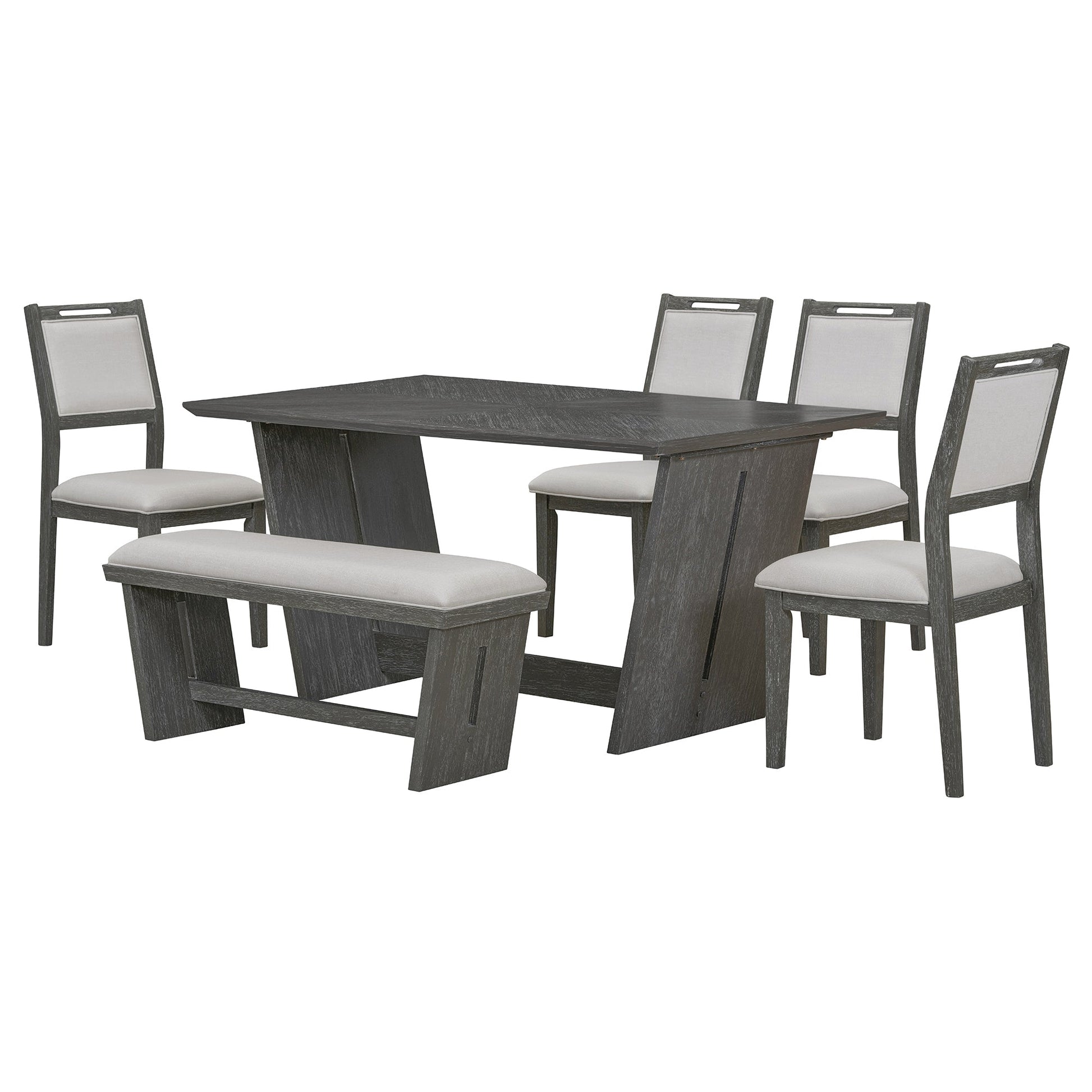 TREXM 6 - Piece Retro Dining Table Set for 6, 60' Wood Kitchen Table and Chairs Set of 4 with Bench Designed Trestle Base for kitchen & Dining Room (Gray) - 1st Choice Furniture Direct