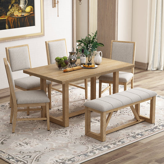 TREXM 6 - Piece Retro Dining Table Set for 6, 60' Wood Kitchen Table and Chairs Set of 4 with Bench Designed Trestle Base for kitchen & Dining Room (Natural) - 1st Choice Furniture Direct