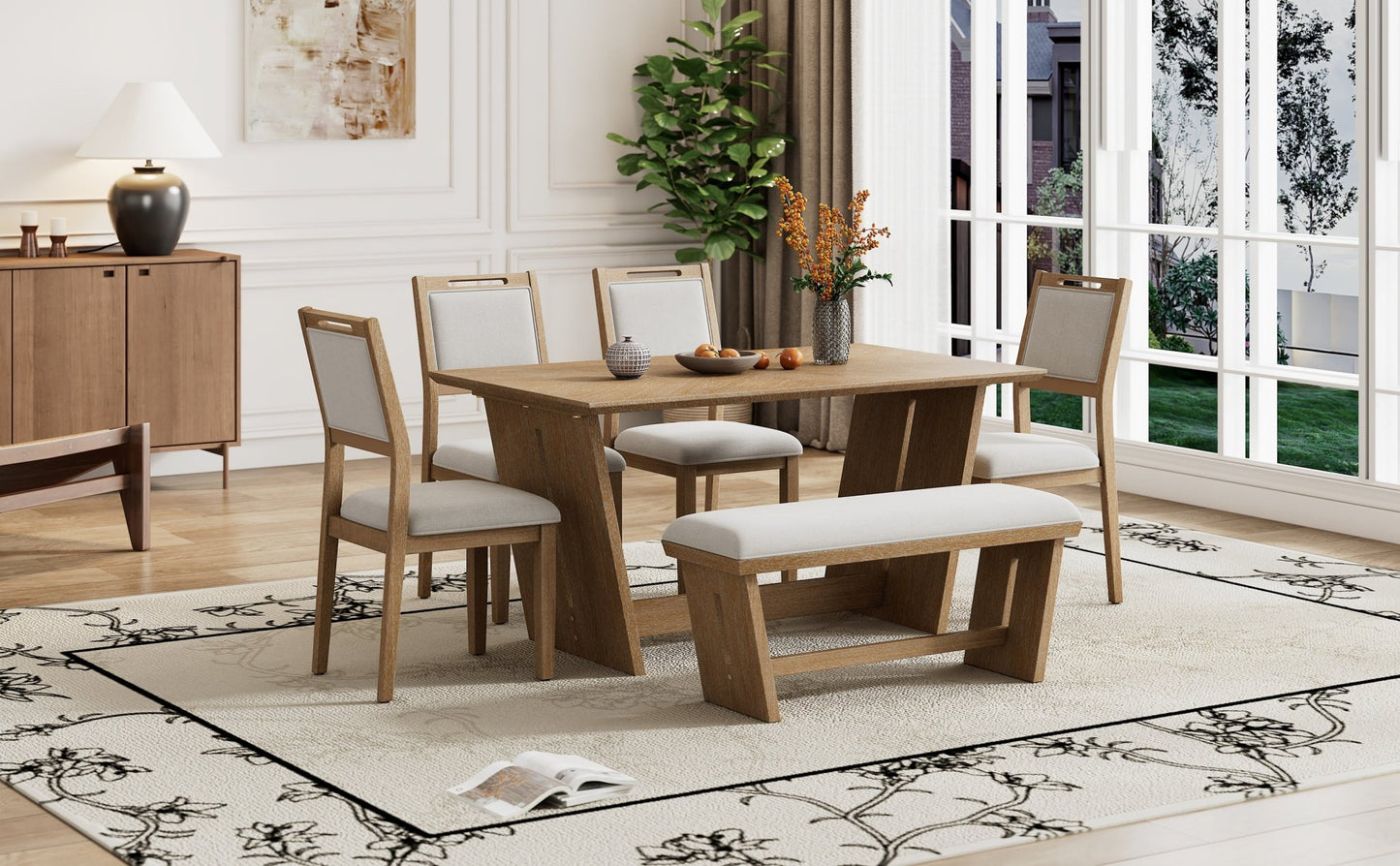 TREXM 6 - Piece Retro Dining Table Set for 6, 60' Wood Kitchen Table and Chairs Set of 4 with Bench Designed Trestle Base for kitchen & Dining Room (Natural Wood Wash) - 1st Choice Furniture Direct