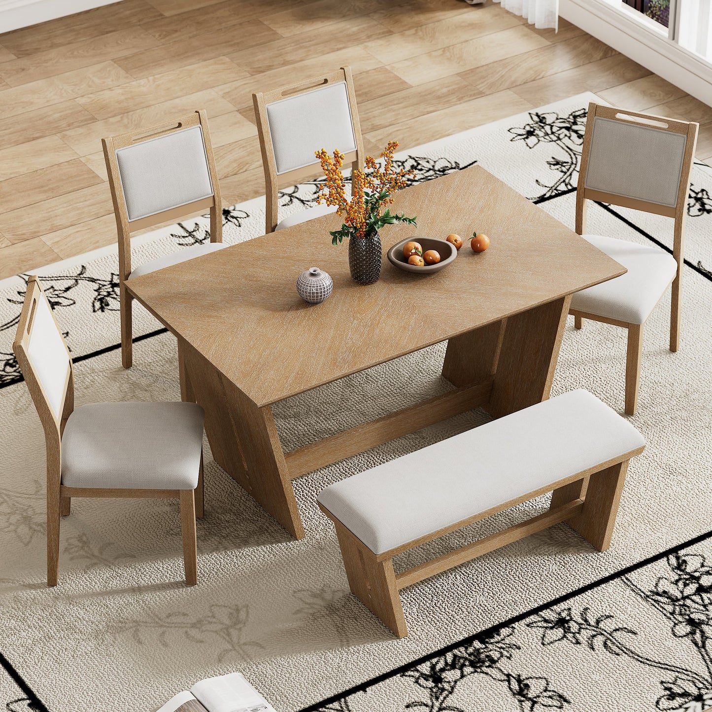 TREXM 6 - Piece Retro Dining Table Set for 6, 60' Wood Kitchen Table and Chairs Set of 4 with Bench Designed Trestle Base for kitchen & Dining Room (Natural Wood Wash) - 1st Choice Furniture Direct