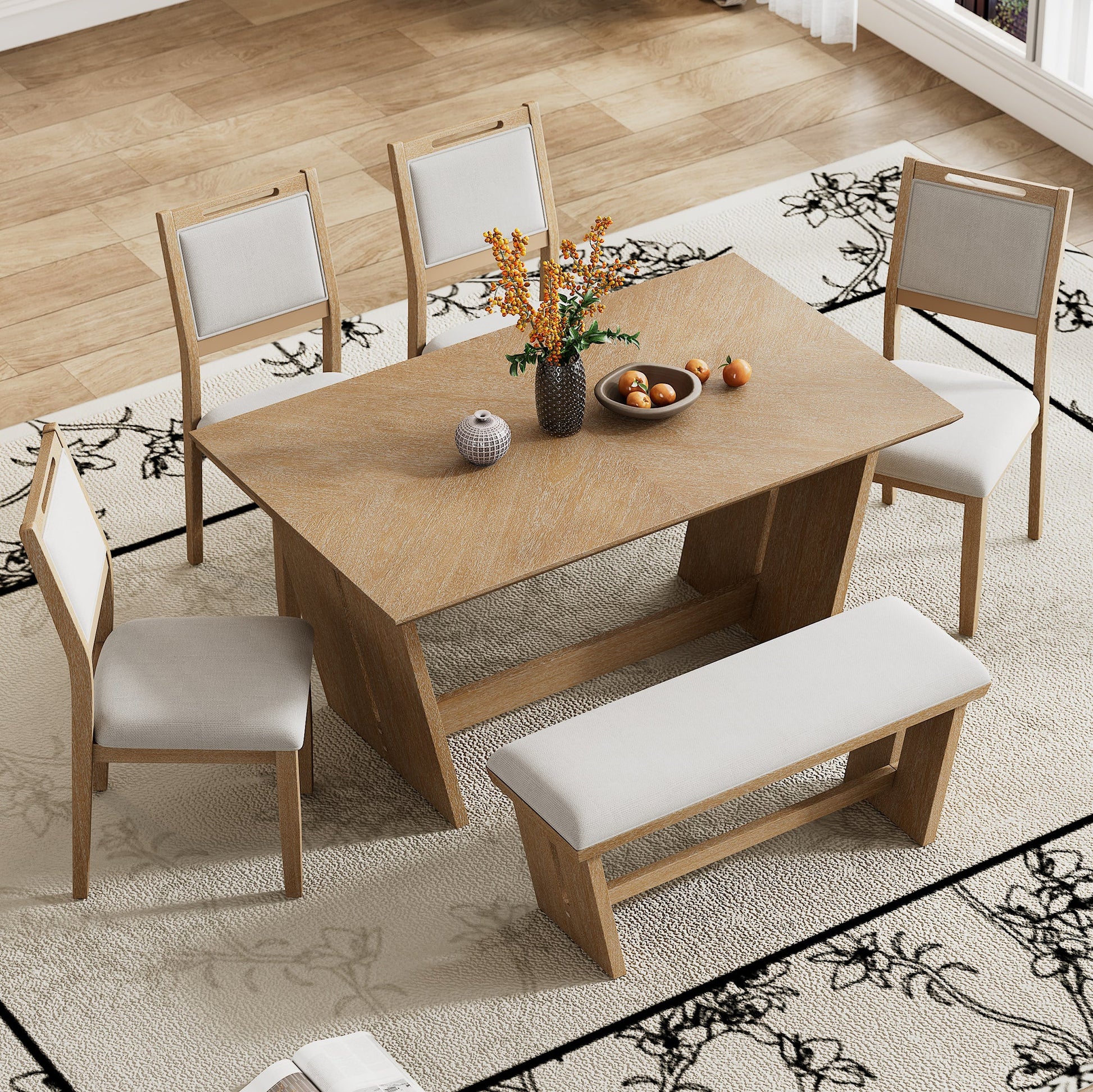 TREXM 6 - Piece Retro Dining Table Set for 6, 60' Wood Kitchen Table and Chairs Set of 4 with Bench Designed Trestle Base for kitchen & Dining Room (Natural Wood Wash) - 1st Choice Furniture Direct