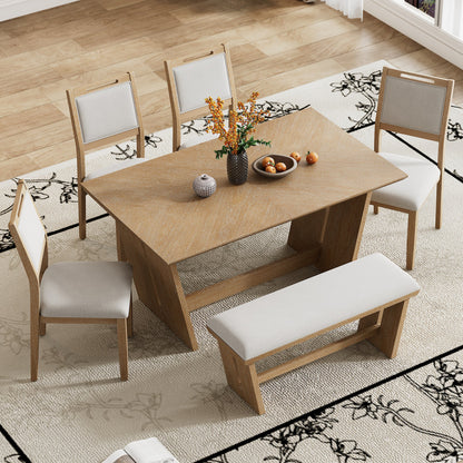 TREXM 6 - Piece Retro Dining Table Set for 6, 60' Wood Kitchen Table and Chairs Set of 4 with Bench Designed Trestle Base for kitchen & Dining Room (Natural Wood Wash) - 1st Choice Furniture Direct