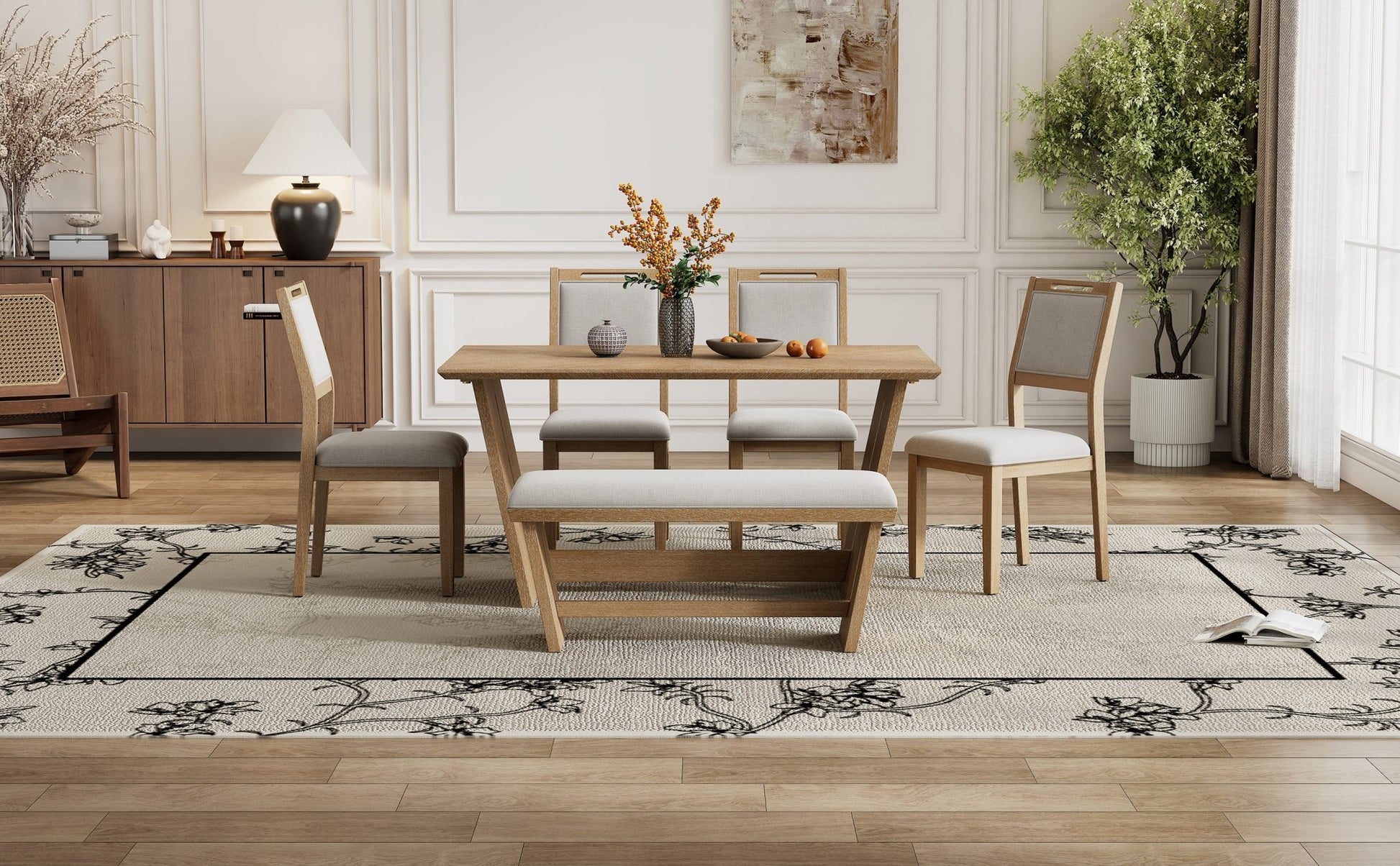 TREXM 6 - Piece Retro Dining Table Set for 6, 60' Wood Kitchen Table and Chairs Set of 4 with Bench Designed Trestle Base for kitchen & Dining Room (Natural Wood Wash) - 1st Choice Furniture Direct