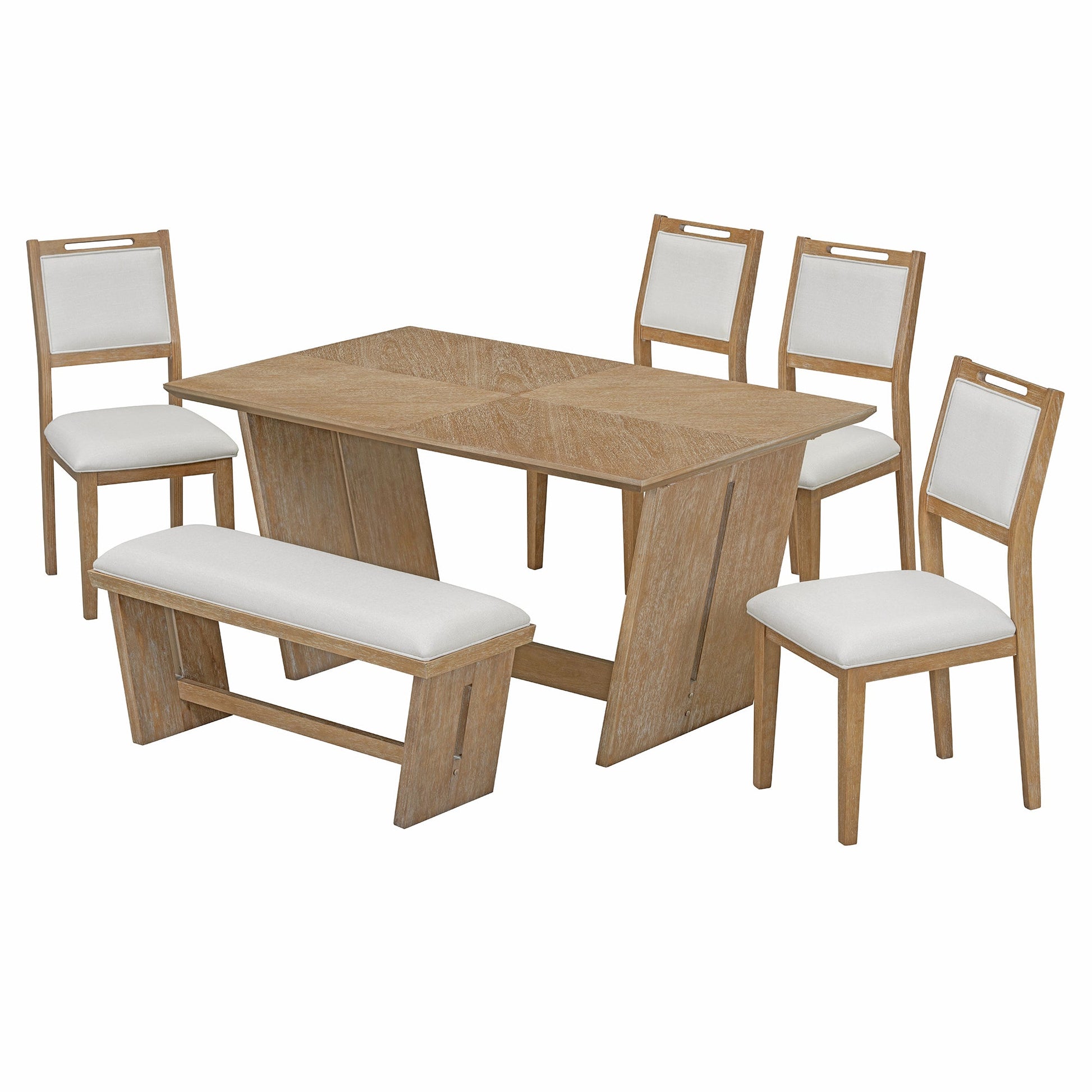 TREXM 6 - Piece Retro Dining Table Set for 6, 60' Wood Kitchen Table and Chairs Set of 4 with Bench Designed Trestle Base for kitchen & Dining Room (Natural Wood Wash) - 1st Choice Furniture Direct