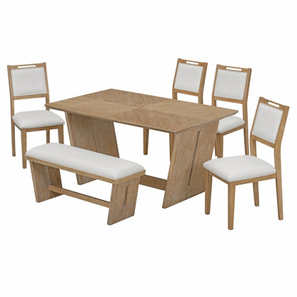 TREXM 6 - Piece Retro Dining Table Set for 6, 60' Wood Kitchen Table and Chairs Set of 4 with Bench Designed Trestle Base for kitchen & Dining Room (Natural Wood Wash) - 1st Choice Furniture Direct