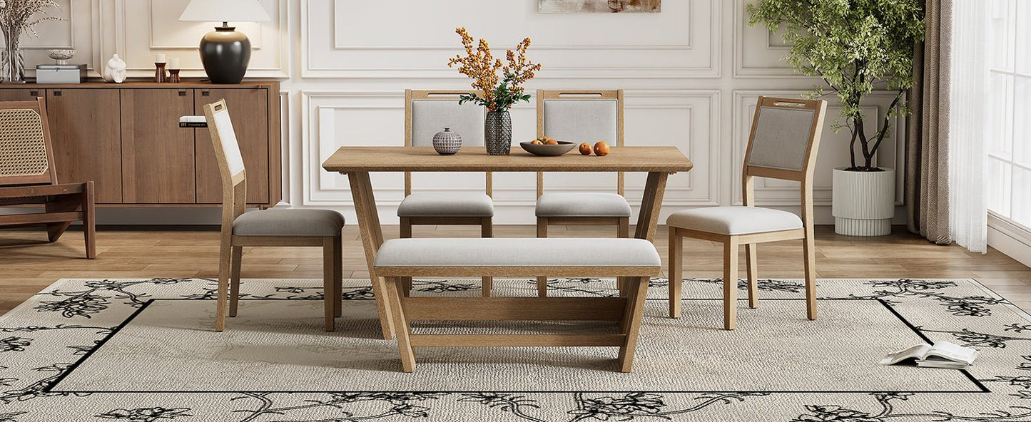 TREXM 6 - Piece Retro Dining Table Set for 6, 60' Wood Kitchen Table and Chairs Set of 4 with Bench Designed Trestle Base for kitchen & Dining Room (Natural Wood Wash) - 1st Choice Furniture Direct