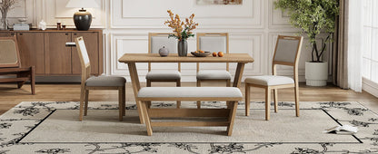 TREXM 6 - Piece Retro Dining Table Set for 6, 60' Wood Kitchen Table and Chairs Set of 4 with Bench Designed Trestle Base for kitchen & Dining Room (Natural Wood Wash) - 1st Choice Furniture Direct
