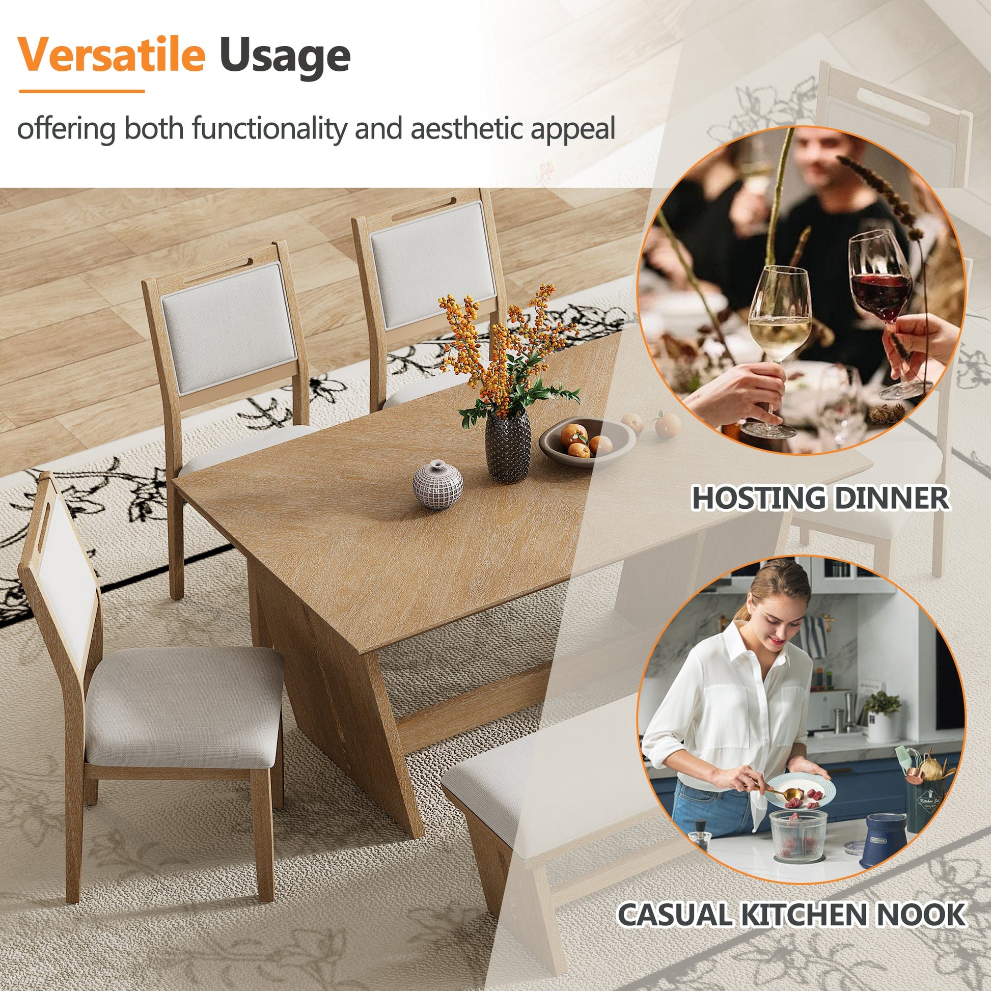TREXM 6 - Piece Retro Dining Table Set for 6, 60' Wood Kitchen Table and Chairs Set of 4 with Bench Designed Trestle Base for kitchen & Dining Room (Natural Wood Wash) - 1st Choice Furniture Direct