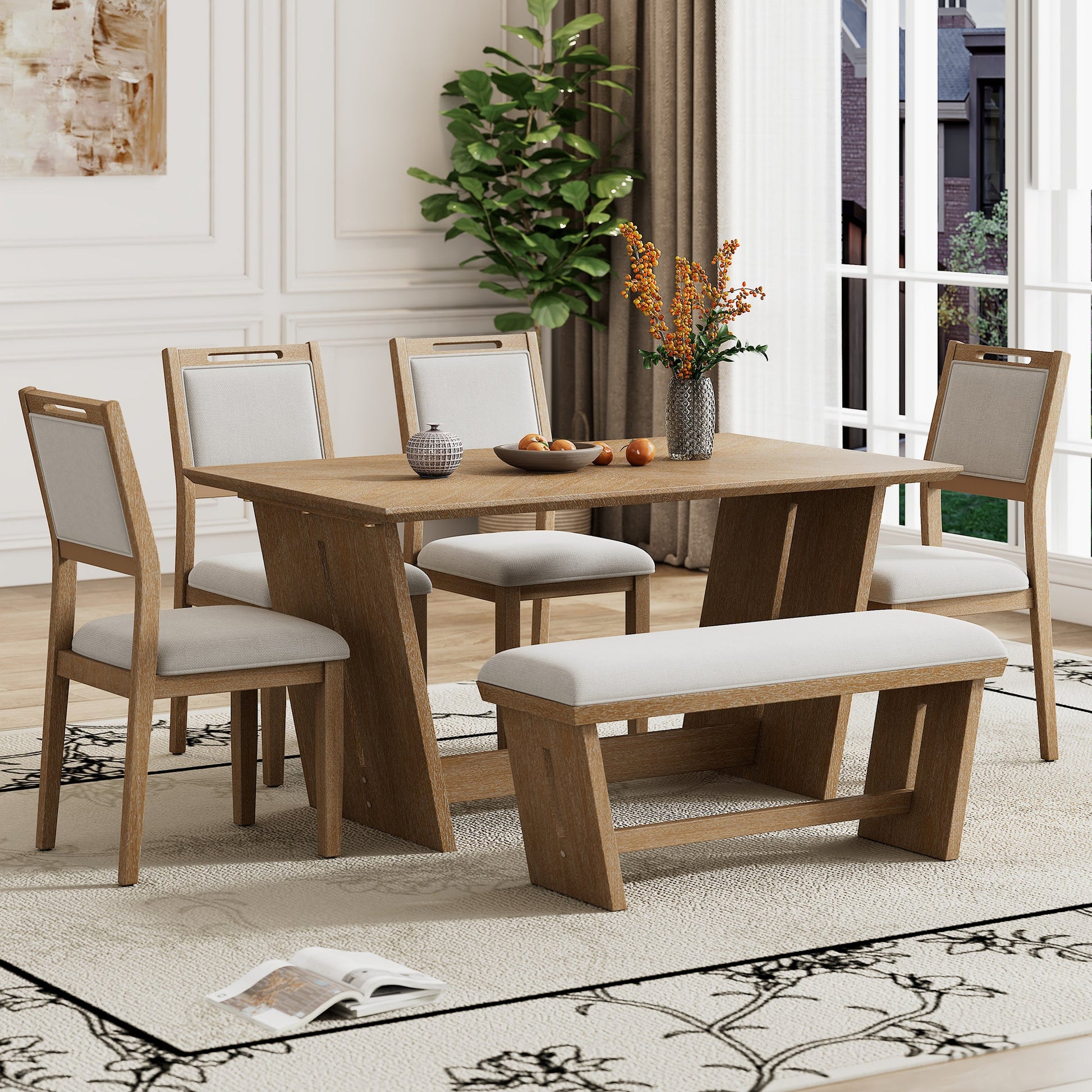 TREXM 6 - Piece Retro Dining Table Set for 6, 60' Wood Kitchen Table and Chairs Set of 4 with Bench Designed Trestle Base for kitchen & Dining Room (Natural Wood Wash) - 1st Choice Furniture Direct