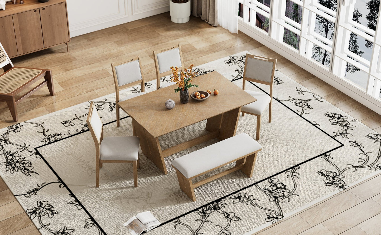 TREXM 6 - Piece Retro Dining Table Set for 6, 60' Wood Kitchen Table and Chairs Set of 4 with Bench Designed Trestle Base for kitchen & Dining Room (Natural Wood Wash) - 1st Choice Furniture Direct