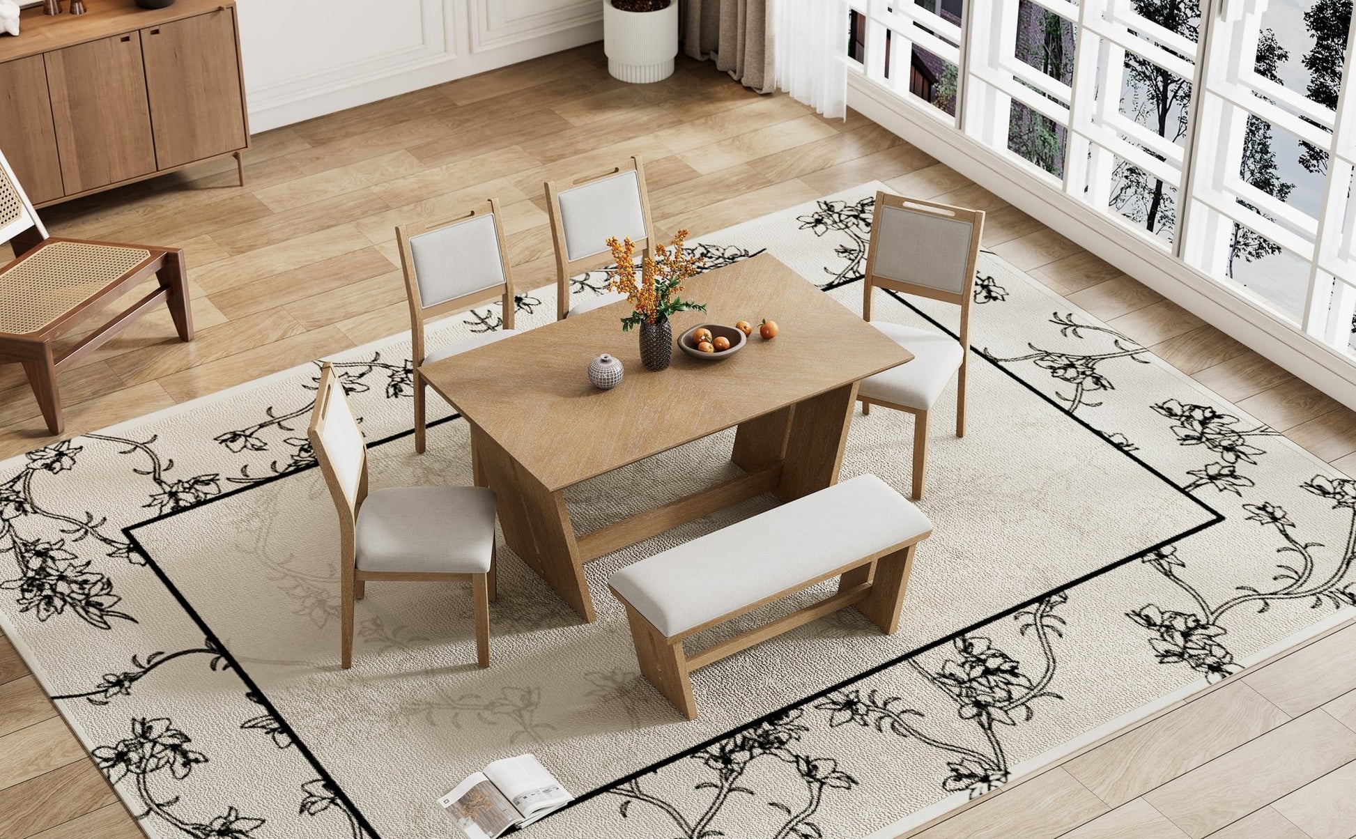 TREXM 6 - Piece Retro Dining Table Set for 6, 60' Wood Kitchen Table and Chairs Set of 4 with Bench Designed Trestle Base for kitchen & Dining Room (Natural Wood Wash) - 1st Choice Furniture Direct