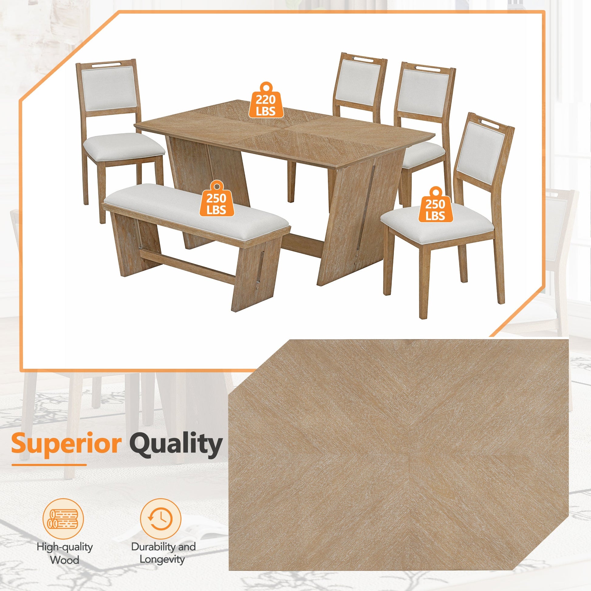 TREXM 6 - Piece Retro Dining Table Set for 6, 60' Wood Kitchen Table and Chairs Set of 4 with Bench Designed Trestle Base for kitchen & Dining Room (Natural Wood Wash) - 1st Choice Furniture Direct