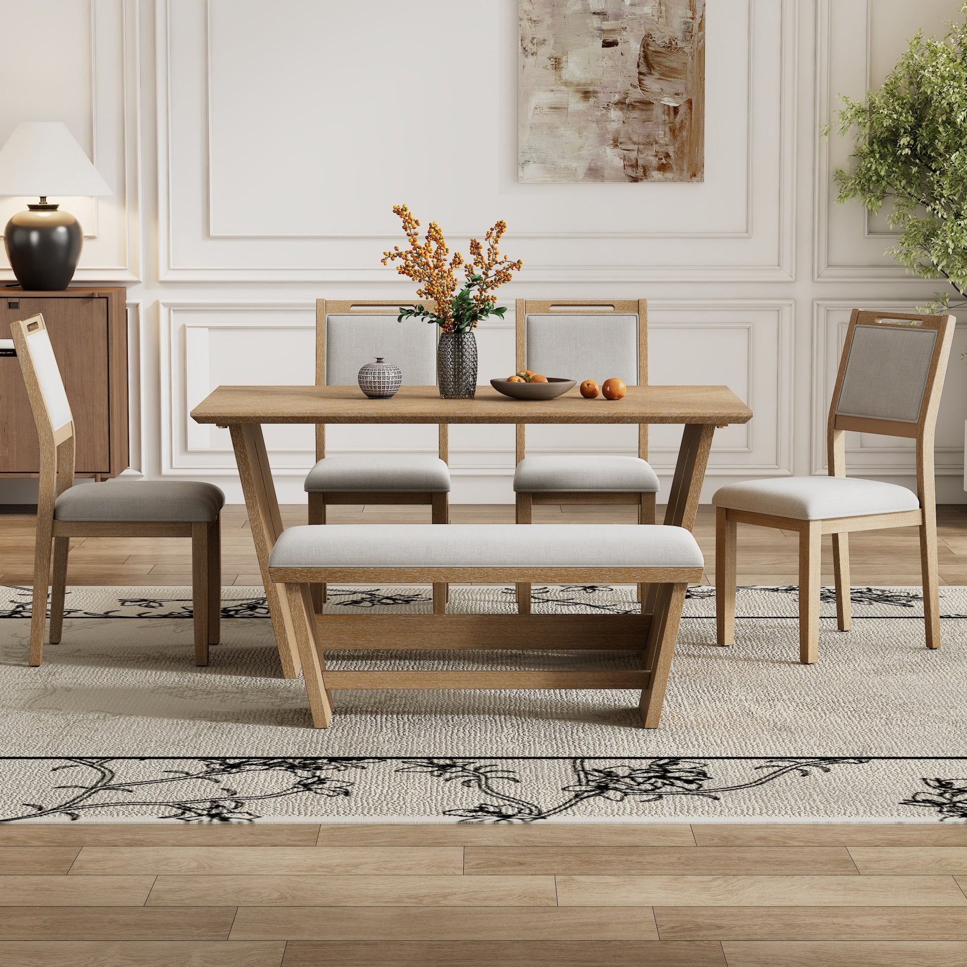 TREXM 6 - Piece Retro Dining Table Set for 6, 60' Wood Kitchen Table and Chairs Set of 4 with Bench Designed Trestle Base for kitchen & Dining Room (Natural Wood Wash) - 1st Choice Furniture Direct