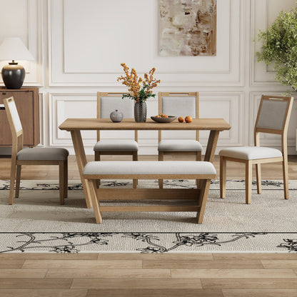 TREXM 6 - Piece Retro Dining Table Set for 6, 60' Wood Kitchen Table and Chairs Set of 4 with Bench Designed Trestle Base for kitchen & Dining Room (Natural Wood Wash) - 1st Choice Furniture Direct