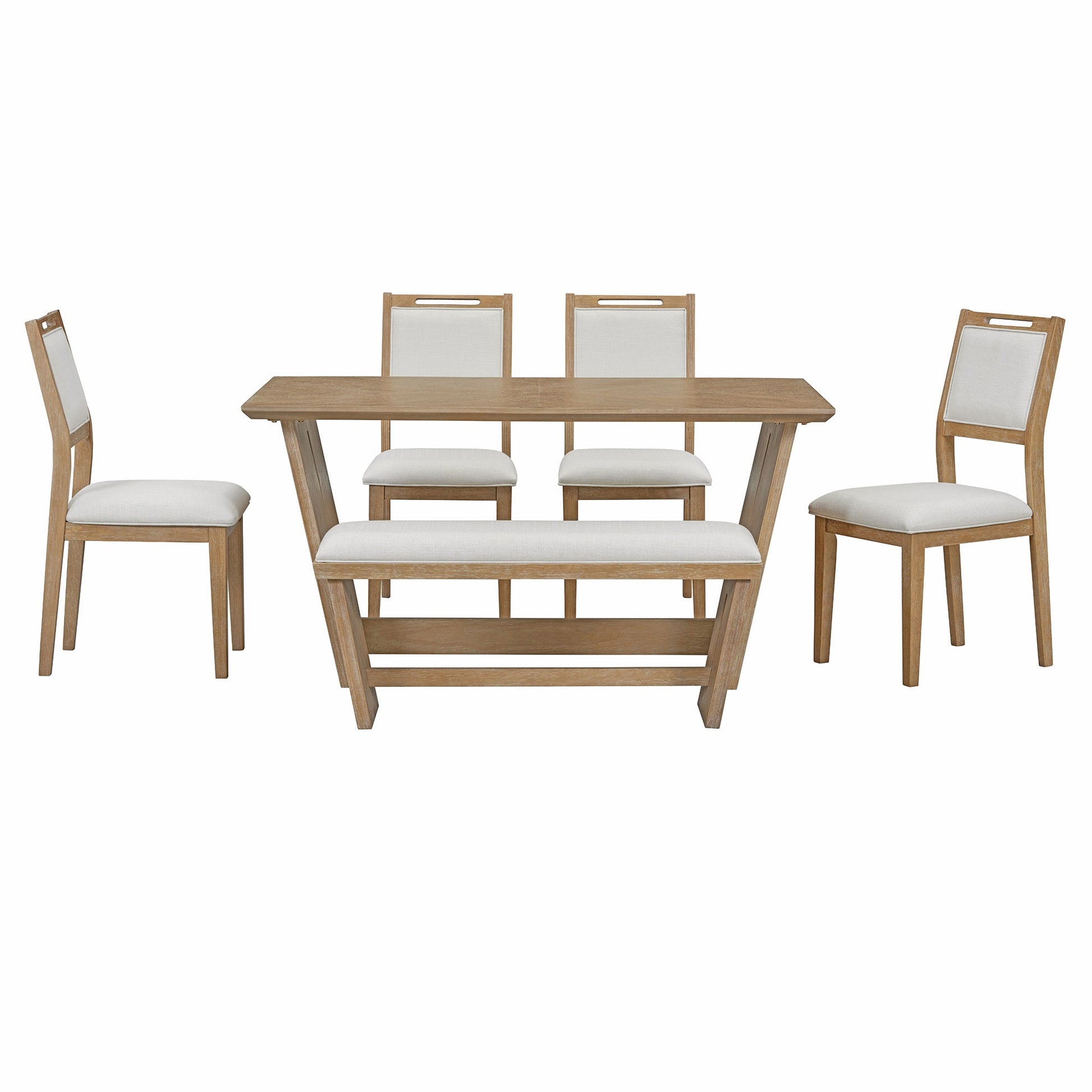 TREXM 6 - Piece Retro Dining Table Set for 6, 60' Wood Kitchen Table and Chairs Set of 4 with Bench Designed Trestle Base for kitchen & Dining Room (Natural Wood Wash) - 1st Choice Furniture Direct