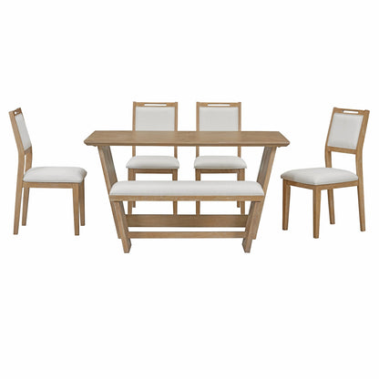 TREXM 6 - Piece Retro Dining Table Set for 6, 60' Wood Kitchen Table and Chairs Set of 4 with Bench Designed Trestle Base for kitchen & Dining Room (Natural Wood Wash) - 1st Choice Furniture Direct